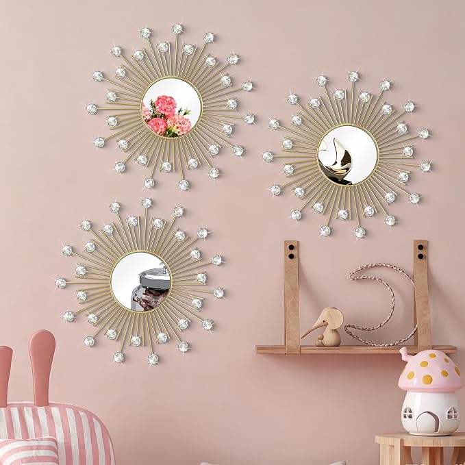 3 Pack Metal Mirrors for Wall Sunburst Wall Mirrors Home Décor Decorative Hanging Wall Art for Living Room Bedroom Entryway (Gold2 Crystal, Sunburst) - Image 3