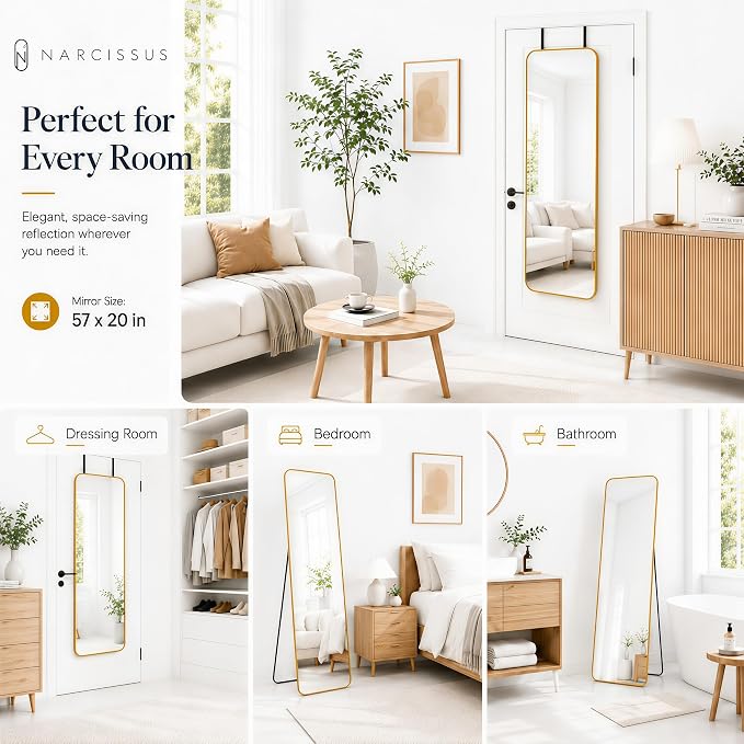 NARCISSUS Full Length Mirror 57x20 Inch, Over The Door Mirror with Stand, Wall Mounted or Freestanding/Door Hanging Full Body, Aluminum Alloy Frame, Gold - Image 4