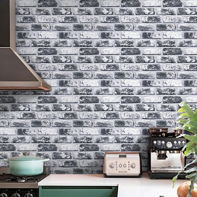 Commomy Faux Brick Panels Peel and Stick Wall Stickers 10 Pcs 11.8" x 11.8" | Small Size Thin PVC Wash Grey Fake 3D Brick Wallpaper for Kitchen,Fireplace,Home Office,Wall Covering Decor(Covers 9.7 sq.ft) - Image 8