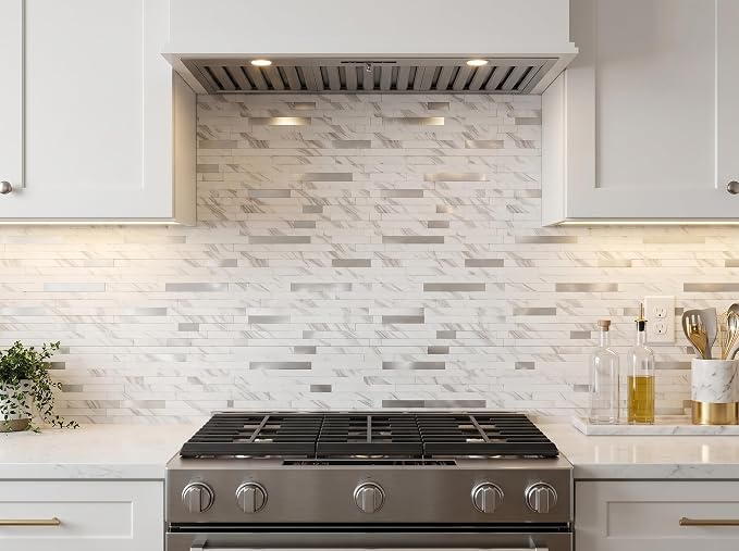 Yipscazo Peel and Stick Stone Metal Backsplash, Stick on Tiles for Backsplash Kitchen(10 Sheets, Calar White Stone) - Image 3