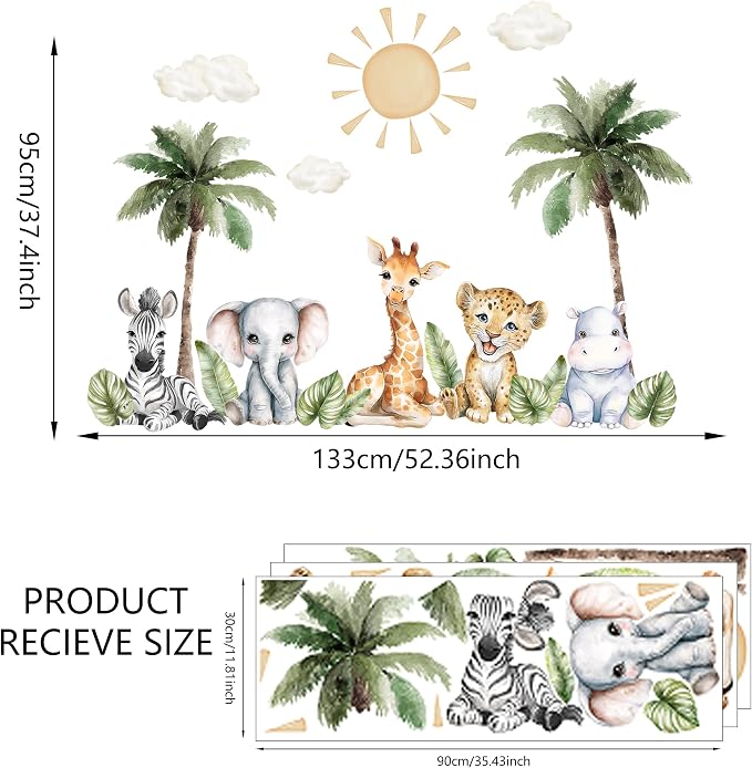 Safari Animals Wall Decal, Peel and Stick Nursery Animals Mural,Jungle Lion, Elephant, Giraffe, Zebra Wall Stickers for Kids, Boys and Girls Room, Bedroom & Toddler Room Decor (Animals Wall Decor 62) - Image 2