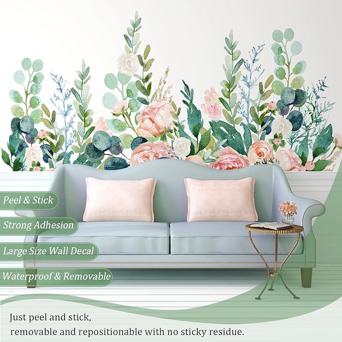 Watercolor Flowers Leaves Wall Decals Peel and Stick, Large Floral Flowers Wall Stickers, Removable Vine Home Decor Art for Bedroom Living Room Classroom Office - Image 3