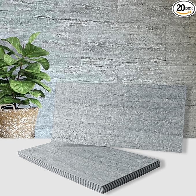 AULIGET 20-Piece Grey Shale Peel and Stick Backsplash Wall Tiles, 6" x 12" PVC Faux Stone Stick on Tiles for Backsplash Kitchen, Bathroom, Laundry Room, Camper, Fireplace by AULIGET