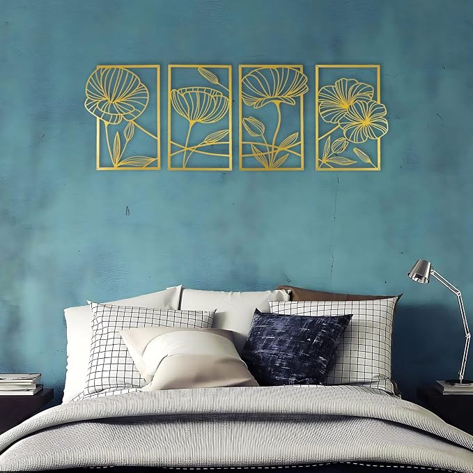 ESTART 4Pcs Metal Lotus Wall Decor Abstract Floral Line Art Sculpture | Minimalist Wall Decor for Bedroom Flowers Hanging Wall Sculpture for Living Room Kitchen Office and Yoga Room (Gold) - Image 5