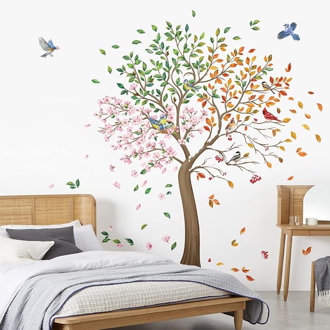 wondever Large Tree Wall Decals Tree with Flower Birds Wall Stickers （XL | Peel and Stick, Removable, Wall Art Decals, Wall Decoration, Living Room Bedroom, Office Sofa TV Home Wall Decor - Image 2