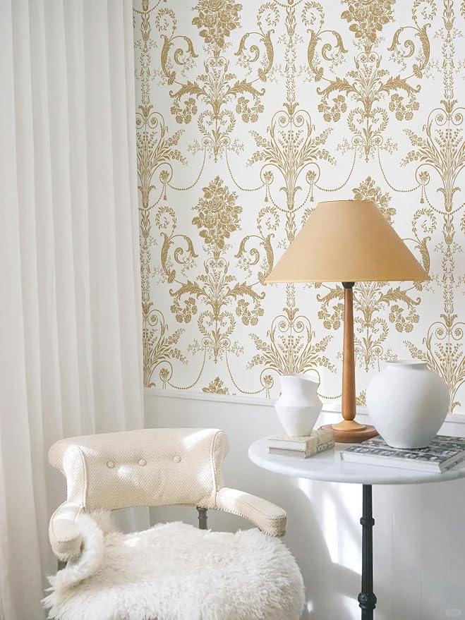 Damask Floral Peel and Stick Wallpaper Removable Gold Flowers Contact Paper | 17.3" X 118" Gold and White Damascus Wallpaper Boho Self Adhesive Decorative Wallpaper for Bedroom Accent Wall DIY Vinyl Roll - Image 2