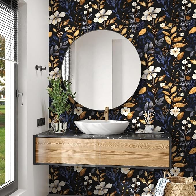 Laatse Vintage Dark Blue Gold Floral Peel and Stick Wallpaper 17.5"x197" | Self Adhesive/Removable/Waterproof/Thick Vinyl Contact Paper for Bathroom Bedroom Shelf Cabinet Drawer,Prepasted,Easy Peel - Image 6