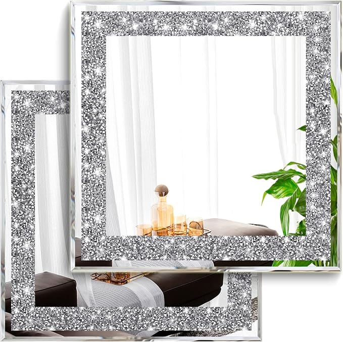 2 Piece Wall Mirrors, Crush Diamond Mirrors Decor, Silver Decorative for Living Room Bedroom, Bathroom. (12”x12”) by XIHACTY