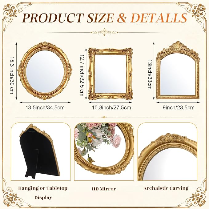 Vintage Mirror Set,15in/13in/12in,Retro Style,3 Pcs - Image 2