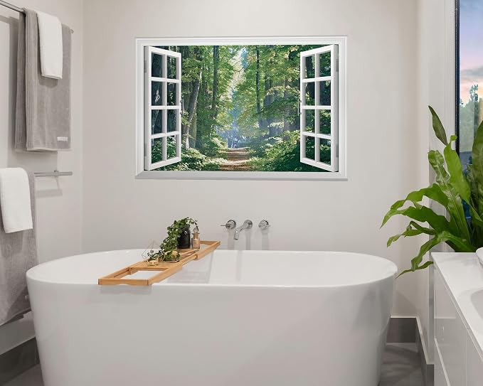 FLFK Fake Window Wall Mural - Road in The Forest Faux Window Wall Sticker for Wall Decor, Peel and Stick Wall Decals,48"x32",Set of 2 Sheets - Image 4