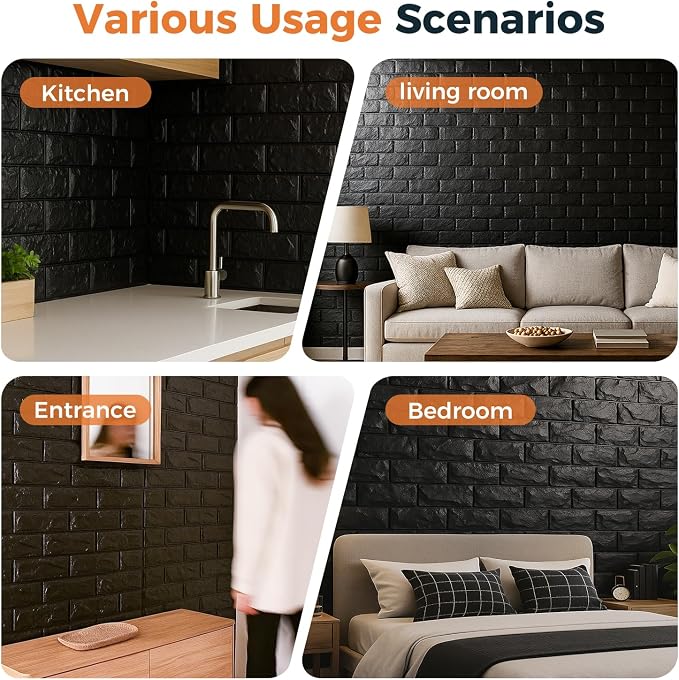 20 Pcs 3d Wall Panels Stick and Peel, Black Brick Printable Faux Paneling Self Adhesive Waterproof 3d Wallpaper Stick and Peel for Bedroom, Bathroom, Kitchen, Fireplace (19.38 sq feet Coverage) - Image 5
