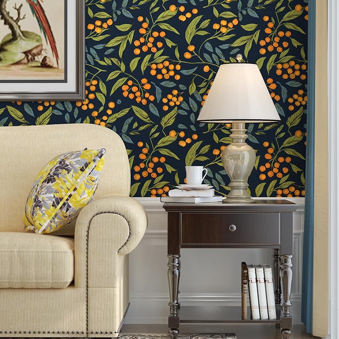 BOKEBEVE Leaf Floral Wallpaper Peel n Stick Boho Blue Orange 17.5 x 787In | Super Long Removable Renter Friendly Vibrant Watercolor Wall Paper for Bedroom Bathroom Living Room Feature Accent Wall - Image 3