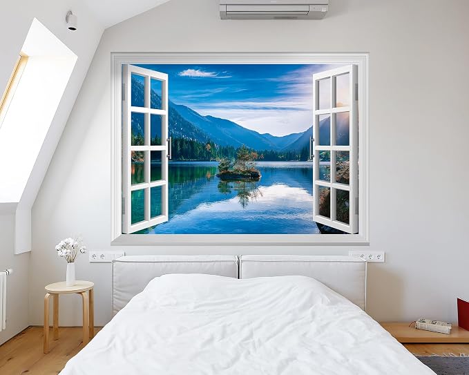 FLFK Fake Window Wall Mural - Mountain Lake Faux Window Wall Decal for Wall Decor, Peel and Stick Wall Sticker,80"x60",Set of 5 Sheets - Image 3