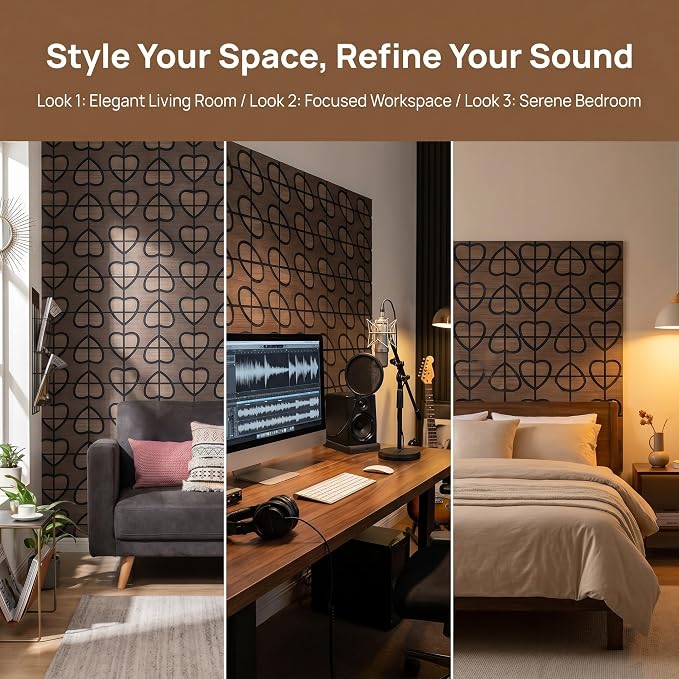 Wood Slat Panels, 12 Pcs 11.8"x11.8",Bean & Heart Black Walnut | 3D Fluted Wood Acoustic Panel Sound Absorbing Panel for Bedroom, Office, Interior Decor, (15.5ft²) Soundproof Panels - Image 4