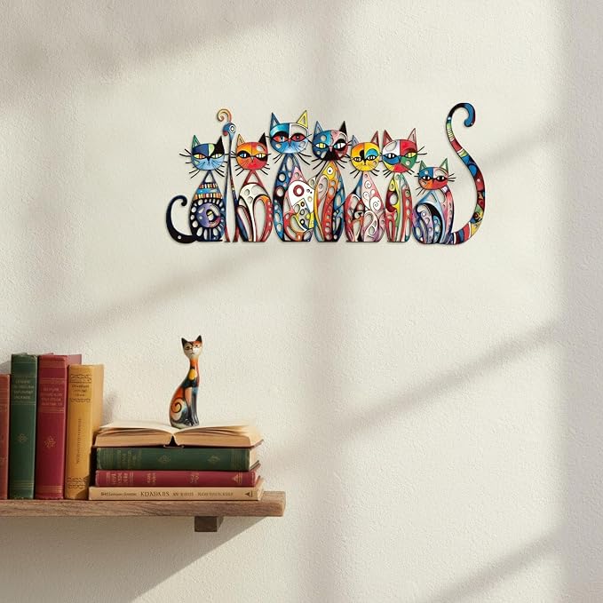 Wesiti Cat Wall Art Decor Metal Sculpture Colorful Retro, 15.75x7.02 Inch | Decor for Living Room Bedroom Kitchen, Whimsical Mid Century Metal Sculpture for Feline Lovers, Retro Design Style - Image 4