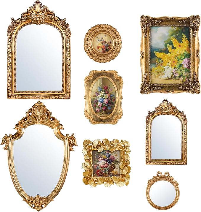 Novabright 8 Pcs Vintage Gold Picture Frame Wall Mirror Decor Set for Gallery, Small Antique Gold Mirror Luxury Ornate Pohot Frames for Wall Table Display(Elegant) by Unknown