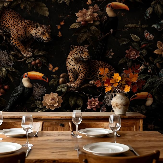 Dark Tropical Jungle Leopard Peel and Stick Wall Mural, Canvas Wallpaper | Large Removable Jungle Mural with Leopard, Toucan and Tropical Flowers for Living Room, Bedroom or Accent Wall Decor - Image 4