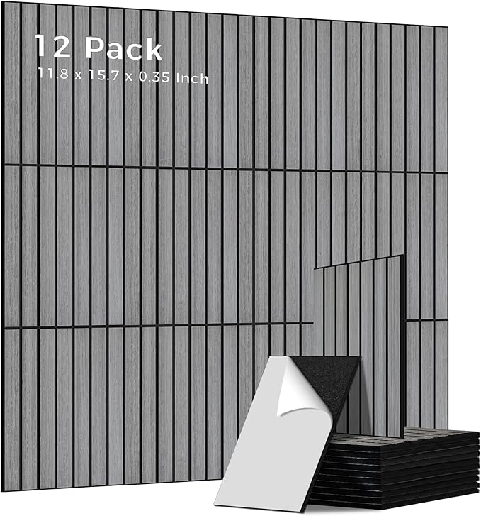 12 Pack Acoustic Panels,11.8”x15.7”x0.35” Sound Panels,Gray Oak | Sound Panels with Simulated PVC Wood Grain Finish,Peel and Stick Wall Panels,100% Polyester Fiber Sound Absorbing Panels by AUTORIFIC