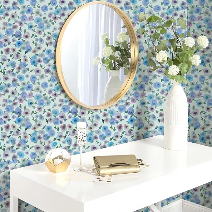 Blue Purple Watercolor Floral Peel and Stick Wallpaper, 17.3" x 118" Soft Pastel Flower Removable Vinyl Wallpaper, Waterproof Self-Adhesive Vintage Floral Contact Paper for Nursery Bedroom Cabinets - Image 5