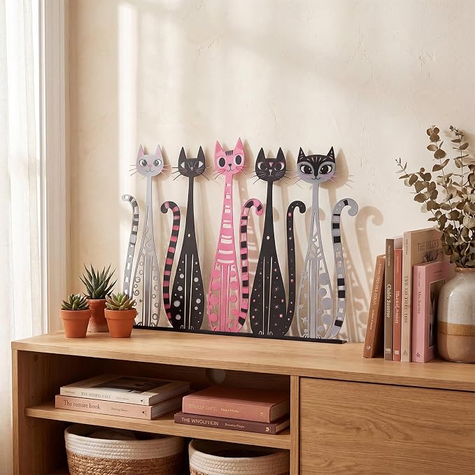 Wesiti Cat Wall Art Decor Metal Sculpture, 5 Retro Cats 10.4x14 Home Decor | Mid Century Geometric Design, Iron Sculptures for Cat Lovers, Living Room Bedroom Kitchen Office Accent Decor Piece - Image 3