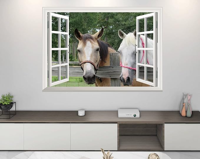 FLFK Fake Window Wall Sticker - Horse Faux Window Wall Mural for Wall Decor, Stick and Peel Wall Decals,48"x32",Set of 2 Sheets - Image 3