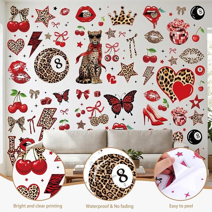 Wxiben Red and Leopard Room Decor - 200 Pcs Cheetah Print Wall Decals, Cherry Cheetah Stickers, Coquete Peel and Stick Wall Decals for Home Bedroom Living Room Apartment Dorm - Image 3