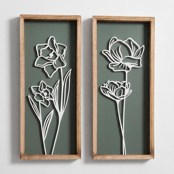 Tide and Tales Floral 3D Green Wall Art, Botanical Wall Decor, Set of 2 | 7" x 16", Lightweight, Framed Ready-to-Hang, Bathroom Wall Decor, Bedroom, Living Room or Office, Boho, Farmhouse, Gift-Boxed by TideandTales