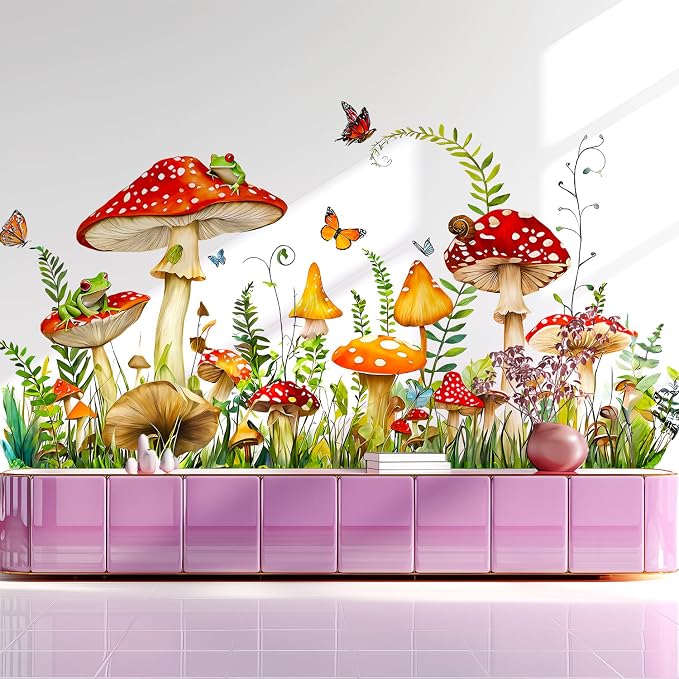 Mushroom Frog Butterflies Grass Woodland Forest Wall Decals Decor Stickers | Red spotted mushrooms fern leaves peel and stick wall stickers mural, removable vinyl wall decoration for living room bedroom - Image 4