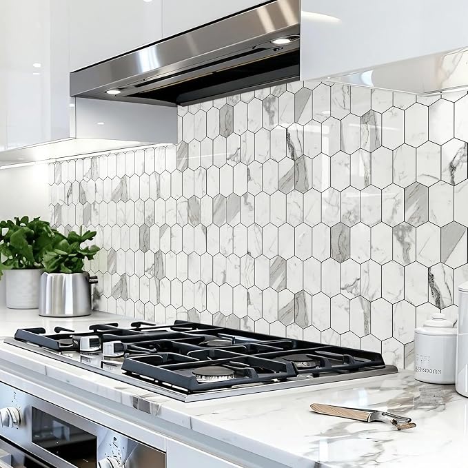 Vamos Tile Long Hexagon Peel and Stick Backsplash Tile - 10 Sheets Stick on Backsplash for Kitchen and Bathroom 12.4 x 12 Inch Glossy Carrara White PVC Self Adhesive Mosaic Wall Tiles - Image 5