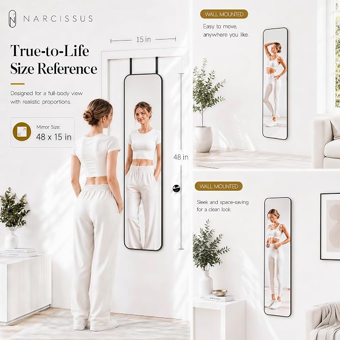 NARCISSUS Over the Door Full Length Mirror 47x14 Inch, Wall Mounted Dressing Mirror, Door Hanging Full Body Mirror HD Reflection Glass for Bedroom, Aluminum Alloy Frame Black - Image 2