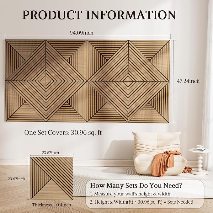 Acoustic Wall Panels, 8 Piece 23.62"X 23.62" PVC Peel and Stick Wall Panels | High-Density Polyester Fiber Self Adhesive Soundproofing for Interior Wall Décor, Recording Studios, Teak - Image 2