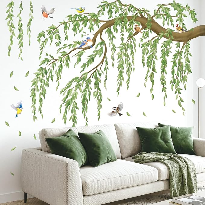 DECOWALL Large Green Leaf Willow Branch Wall Stickers Decals (SG4-2521) | Watercolor willow scene with songbirds and cascading leaves; peel and stick, removable nursery, bedroom and living room decor - Image 2