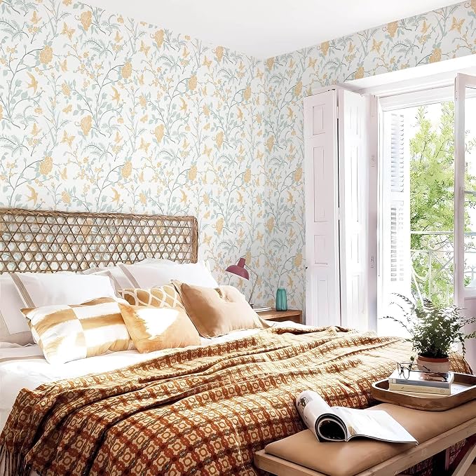 Yellow Wallpaper Floral Peel and Stick Wallpaper Boho Light Blue and Yellow Wall Paper Bird Botanical Contact Paper for Cabinets Renter Friendly Self-Adhesive Bathroom Bedroom 393"×17.3" - Image 4