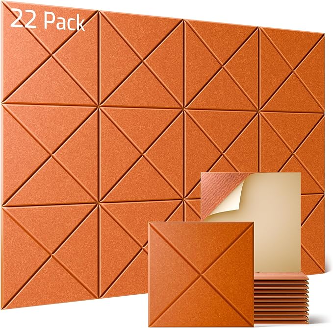 Sonicism 22 Pack X-Lined Acoustic Panels with Self-Adhesive, 12"X 12"X 0.4" Sound Proof Foam Panels, Decorative Soundproof Wall Panels, Sound Absorbing Tile for Home & Offices, Orange by Sonicism