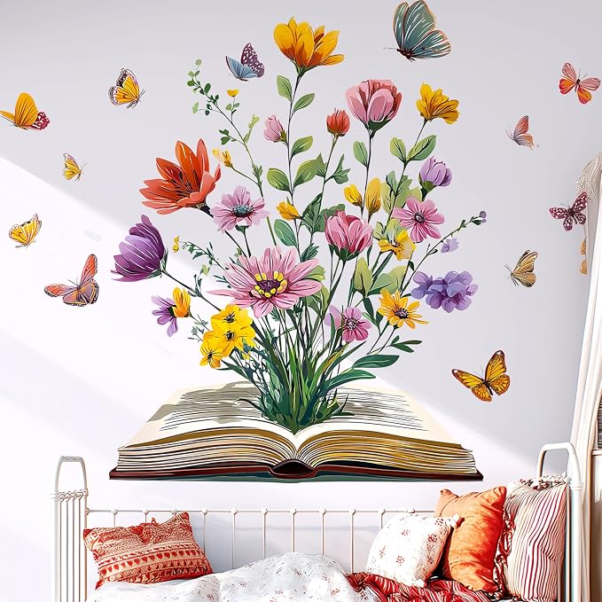 Book Flower Wall Decals Peel and Stick, Floral Butterfly Wall Stickers, Removable Vinyl Art Wall Decor for Kids Room Library Study Reading Nook Bedroom Classroom School Home Decoration - Image 3