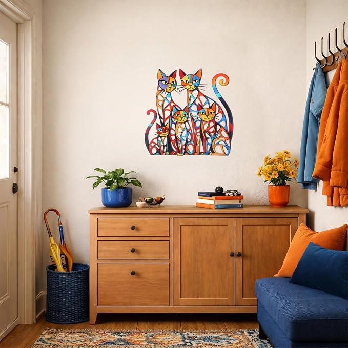 Wesiti Cat Wall Art Iron Sculpture 11.81x11.61 Mid Century Colorful | Graceful Design for Cat Lovers, Vibrant Retro Style, Perfect for Living Room Bedroom Kitchen Office Metal Sculpture - Image 5