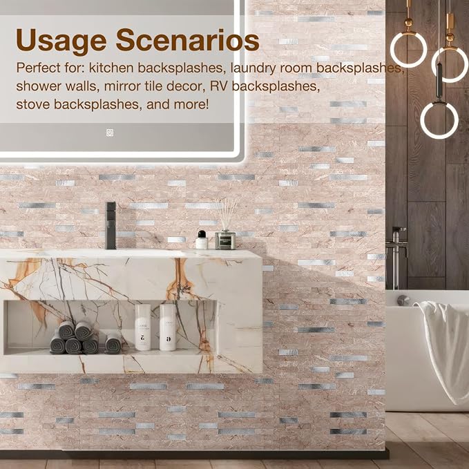 Peel and Stick Backsplash Tile Waterproof Removable PVC Wall Sticker 3D Faux Stone Marble Brick White Accent Panels (Pink Marble - Metal Silver, 20 Tiles - 9 sq. ft. (0.84 M²)) - Image 7