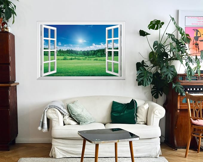 FLFK Fake Window Wall Mural - Grassland Forest Faux Window Wall Sticker for Wall Decor, Peel and Stick Wall Decals,48"x32",Set of 2 Sheets - Image 5