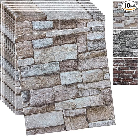 10PCS 3D Wall Panels Peel and Stick 3D Brick Wallpaper Peel and Stick Faux Stone Wall Panel Foam Brick Self-Adhesive Wallpaper (Rock,10pcs) by YLLYLL
