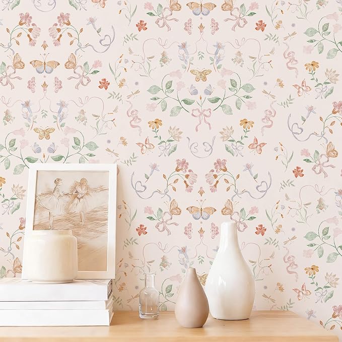 Peel and Stick Wallpaper for Nursery Pink Cute Bow Leaf Waterproof | 393"×17.3" Colorful Butterfly Wallpaper Pink Cute Accent Wall Decor with Grid Lines for Bedroom Vinyl Self-adhesive by Fiula