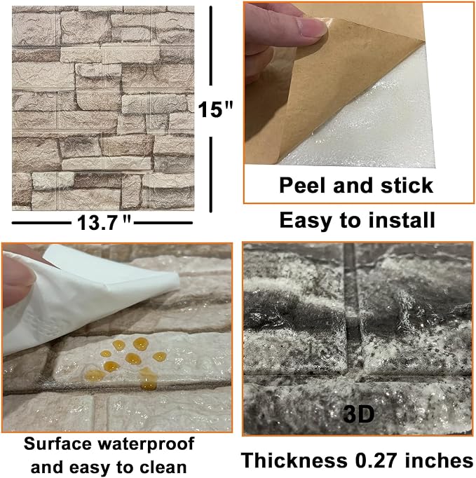 Yutianli 20PSC 3D Wall Panels Peel and Stick Faux Brick Wall Panels Self-Adhesive 3D Brick Wallpaper Foam Stone Wall Panel - Image 7