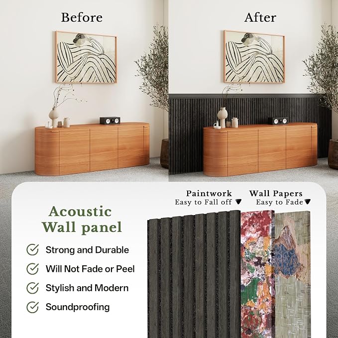 MISSDAY Wood Slat Acoustic Wall Panels, 2 Packs 94.5" x 12.6" Black Soundproof Panel For Interior Wall Decor Noise Absorbing-3D Textured Wooden Panel Sound-Absorbing for Home, Office, Studio - Image 4