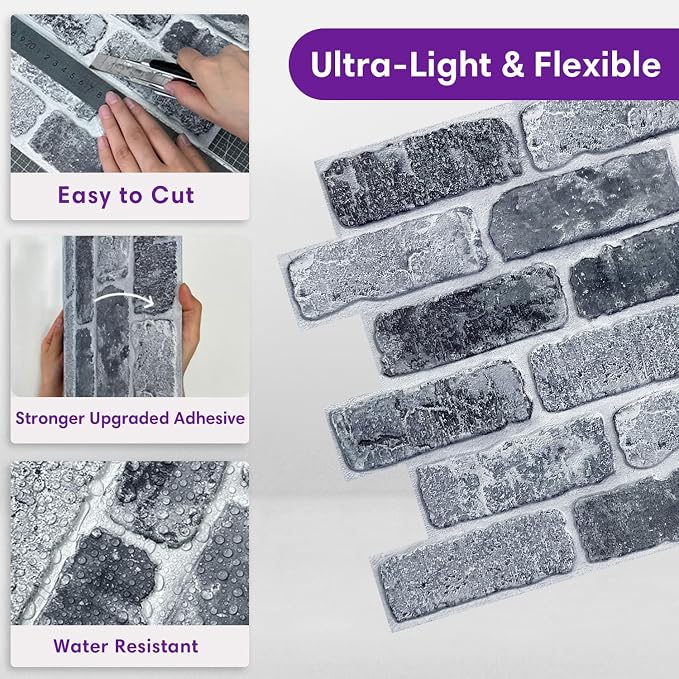 3D Peel and Stick Faux Brick Wall Panels 11.8" x 11.8" 10-Pack | Gray, Small Brick-Look Textured Sticker, Thin Lightweight PVC Self Adhesive Wall Tiles for Interior Decor, Cover 9.7 sq ft - Image 5