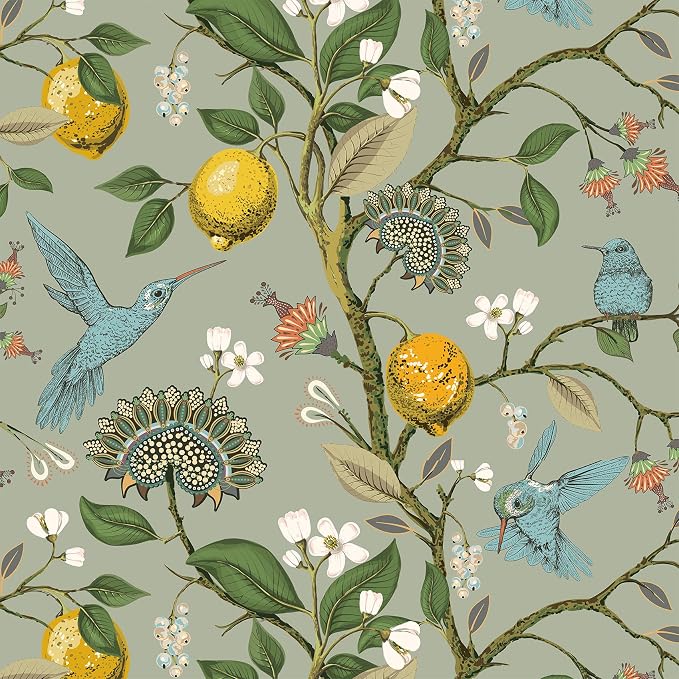 Livelynine Green Floral Bird Wallpaper Peel and Stick Vintage Retro Renter Friendly Wallpaper Kitchen Cabinet Contact Paper Waterproof Gold Lemon Tree Blue Birds Self Adhesive Wall Murals 17.5x78.8" - Image 6