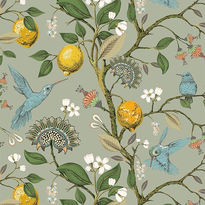 Livelynine 17.5x276" Peel and Stick Wallpaper Boho Green Vintage Floral Wallpaper Pre Pasted Wall Paper Removable Fresh Lemon Tree Teal Blue Bird Green Floral Contact Paper for Walls Kitchen Cabinets - Image 7