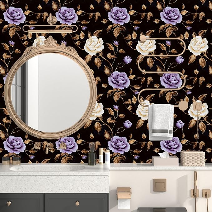 Laatse Dark Purple Gold Rose Floral Wallpaper Peel and Stick 17.5''x393'' | Self Adhesive/Removable/Waterproof/Thick Vinyl Contact Paper for Bathroom Bedroom Shelf Cabinet Drawer,Prepasted,Easy Peel - Image 8