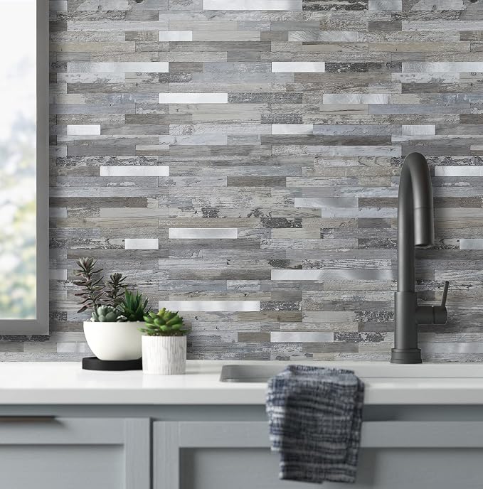 AULIGET 2-Sheet Peel and Stick Backsplash Wall Tiles, Distressed Wood Look PVC Wall Tiles Stick on Backsplash - Image 4