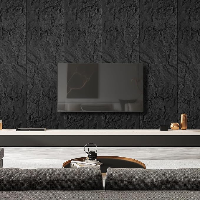 Faux Stone Wall Panel 43.3''x23.6'', Mountain Rock Design, Black | 4 Pack PU Stone Wall Panel for Interior Wall Decor, Bedroom, Living Room, Office - Image 6