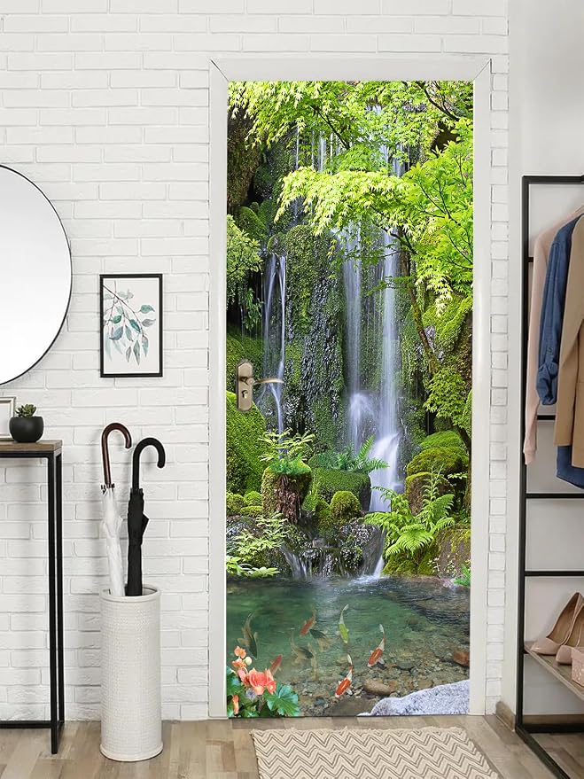 artfanke 3D Door Sticker Peel and Stick 30.3"x78.7"-Self-Adhesive Door Murals Wallpaper-Green Forest Waterfall Wall Poster Decal for Home Decor (2 Sheets/Set) - Image 2