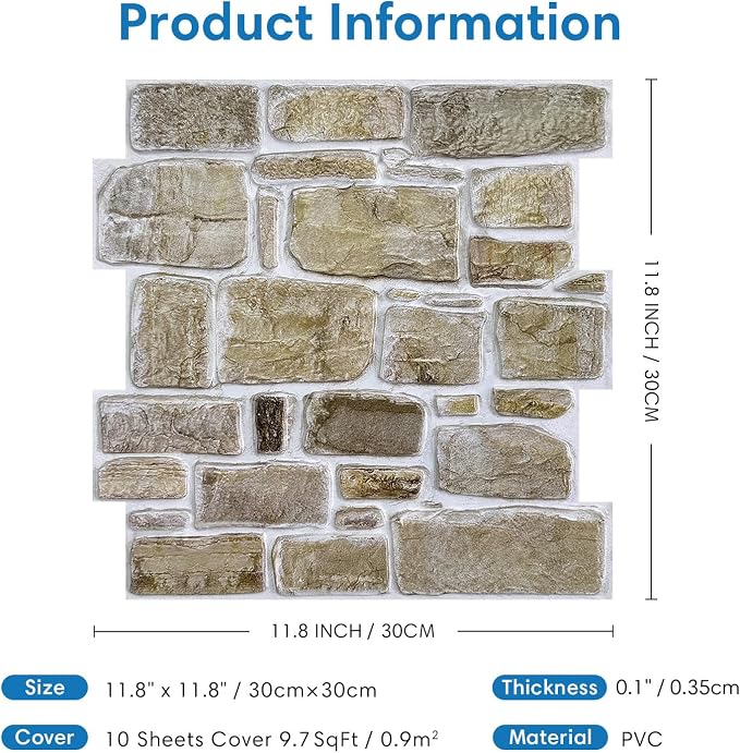 COMSTICKC 3D Faux Stone Wall Panels Peel and Stick, 10 Pcs 11.8" x 11.8" | Not Real Stone, Ultra-Light Thin PVC 3D Fake Rock Wall Sticker Covering for Easy DIY Interior Decor, Cover 9.7 sq ft - Image 5